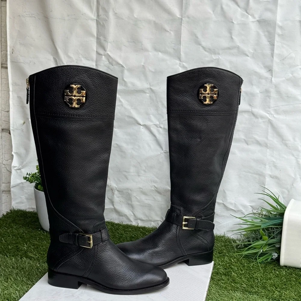 Tory Burch Adeline tall Riding Boots tumbled black leather women’s size 5.5 New